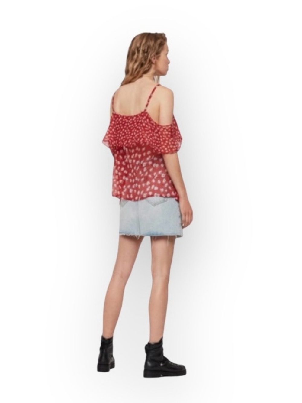 new Allsaints ꕥ Off Shoulder Ruffled Silk Floral Print Top ꕥ Red ꕥ Wear 2 Ways - Picture 2 of 16